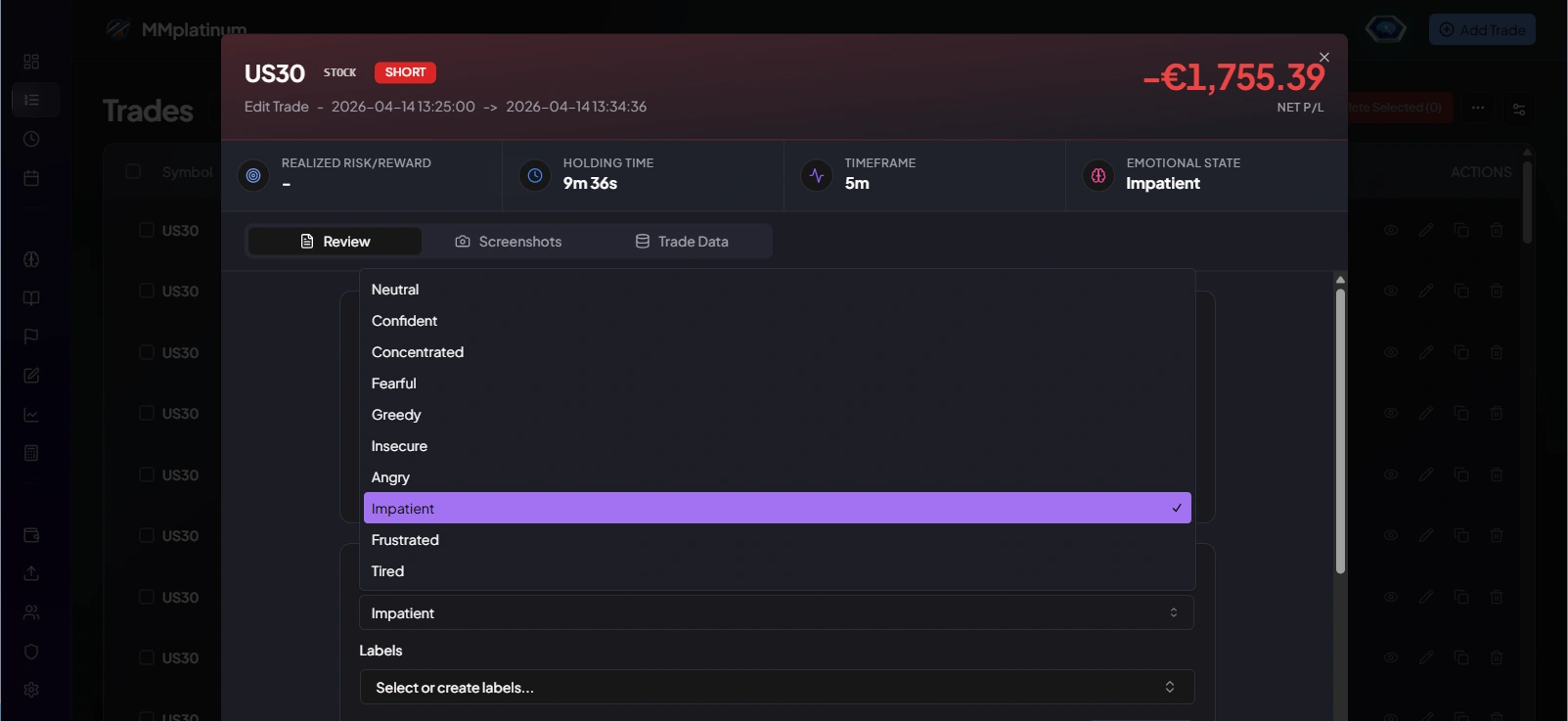 MMplatinum trade entry with emotion tracking