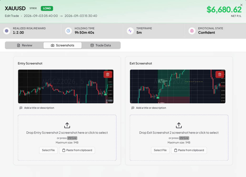 Entry & Exit Screenshots — MMplatinum Trading Journal