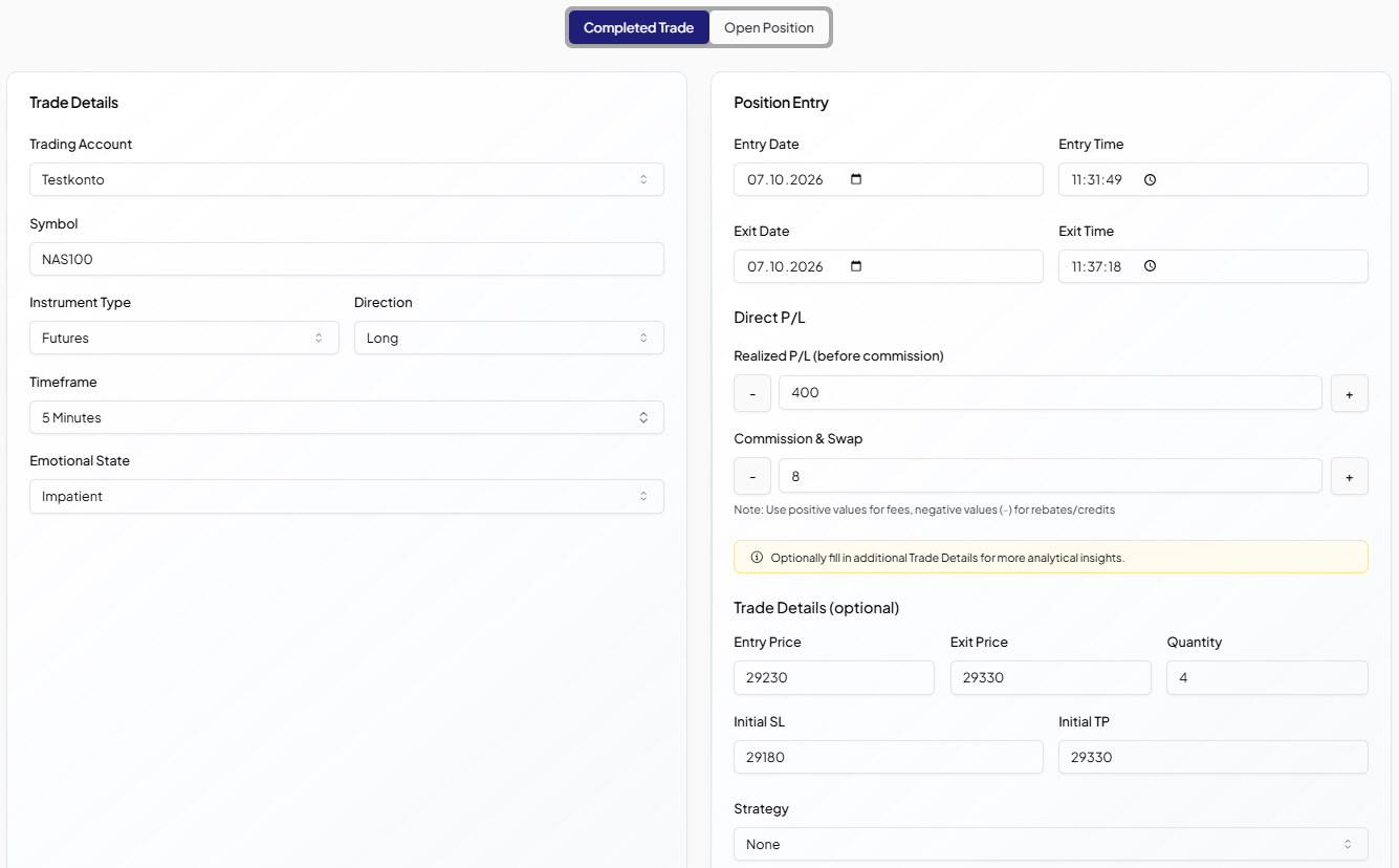 Add New Trades — MMplatinum Trading Journal