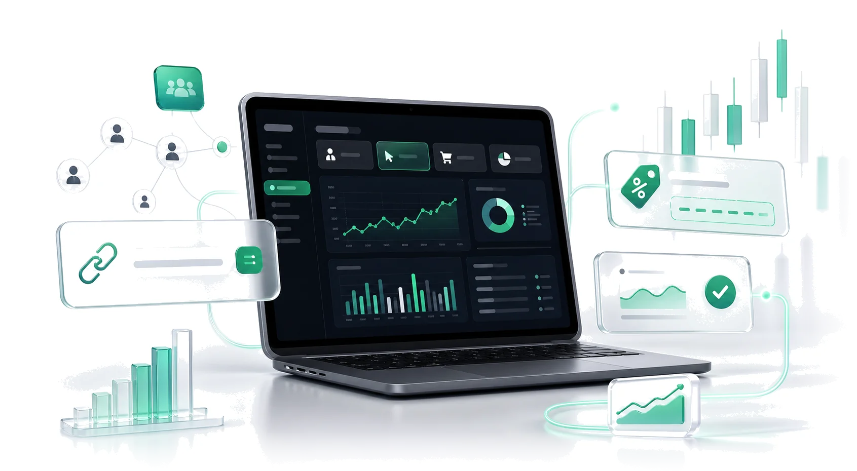 Affiliate dashboard with referral link, coupon code and trading analytics